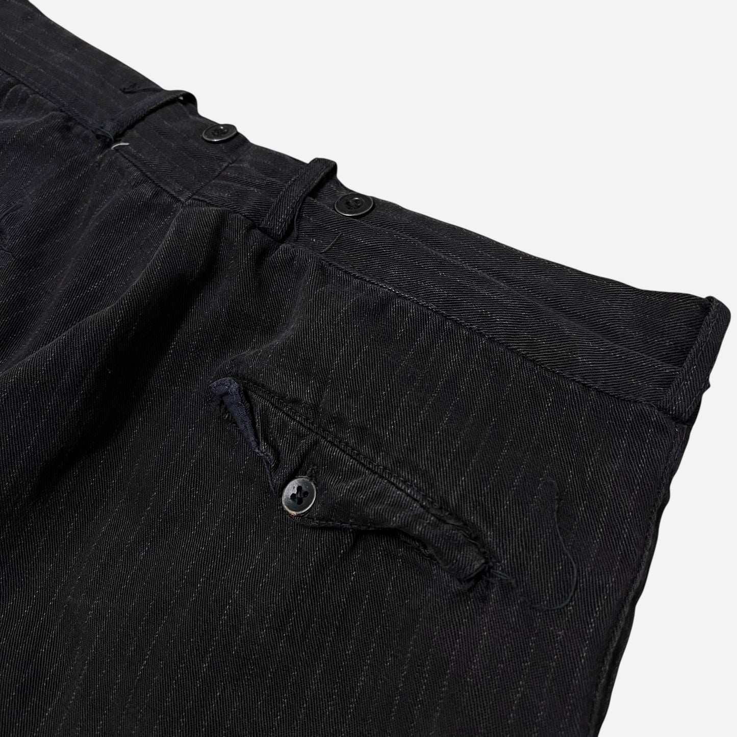 1930s Black heavy cotton button fly striped work pants (33w)