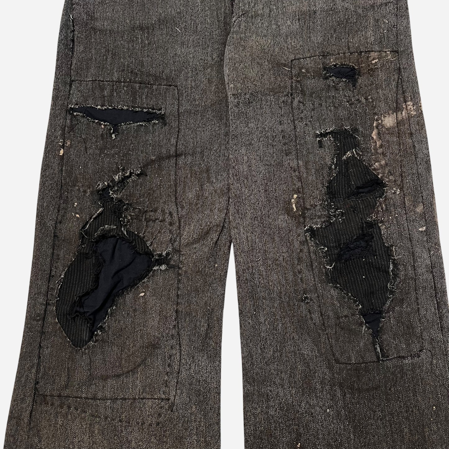 1930s Salt & pepper cotton hbt heavily repaired button fly work pants (30w)