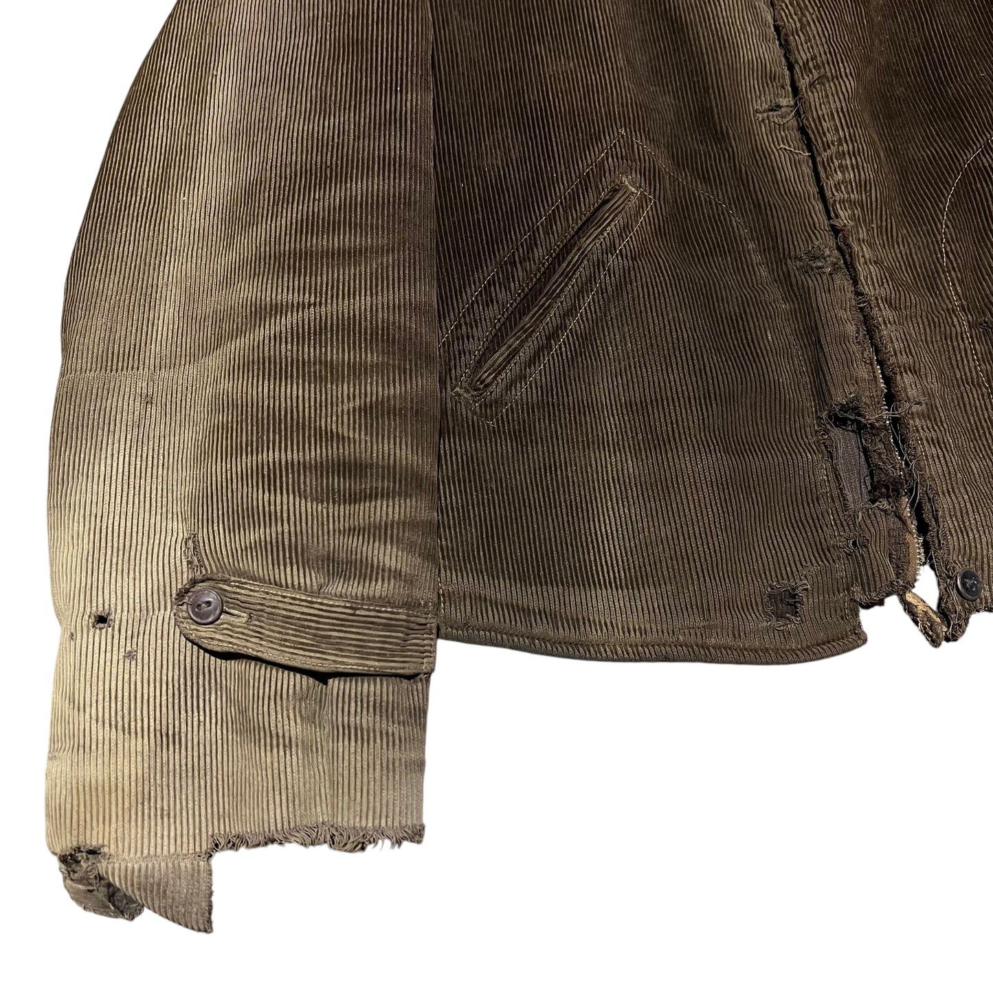 1930s Brown sun faded distressed corduroy half belt work jacket (M)