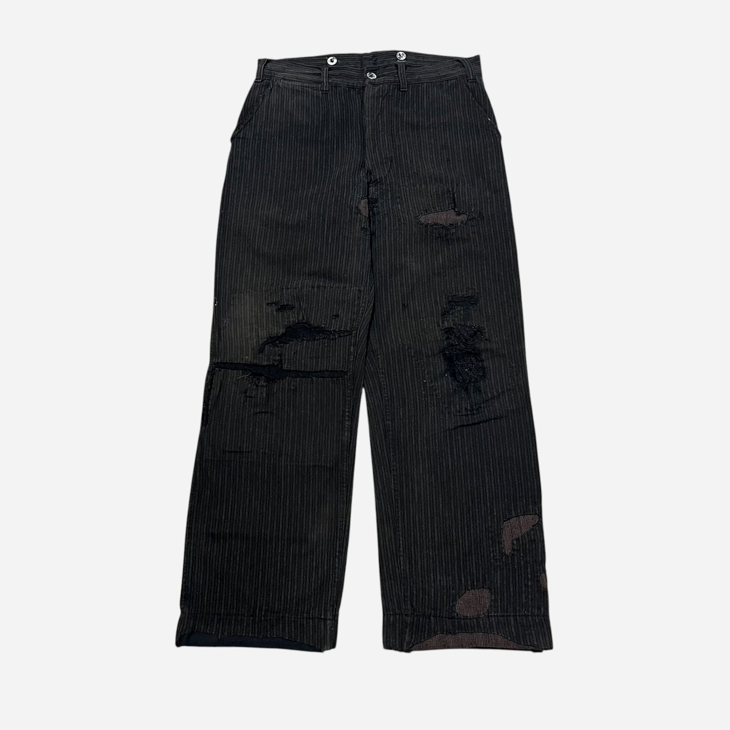 1930s Sweet Orr cotton striped salt & pepper heavily repaired pants (30w)