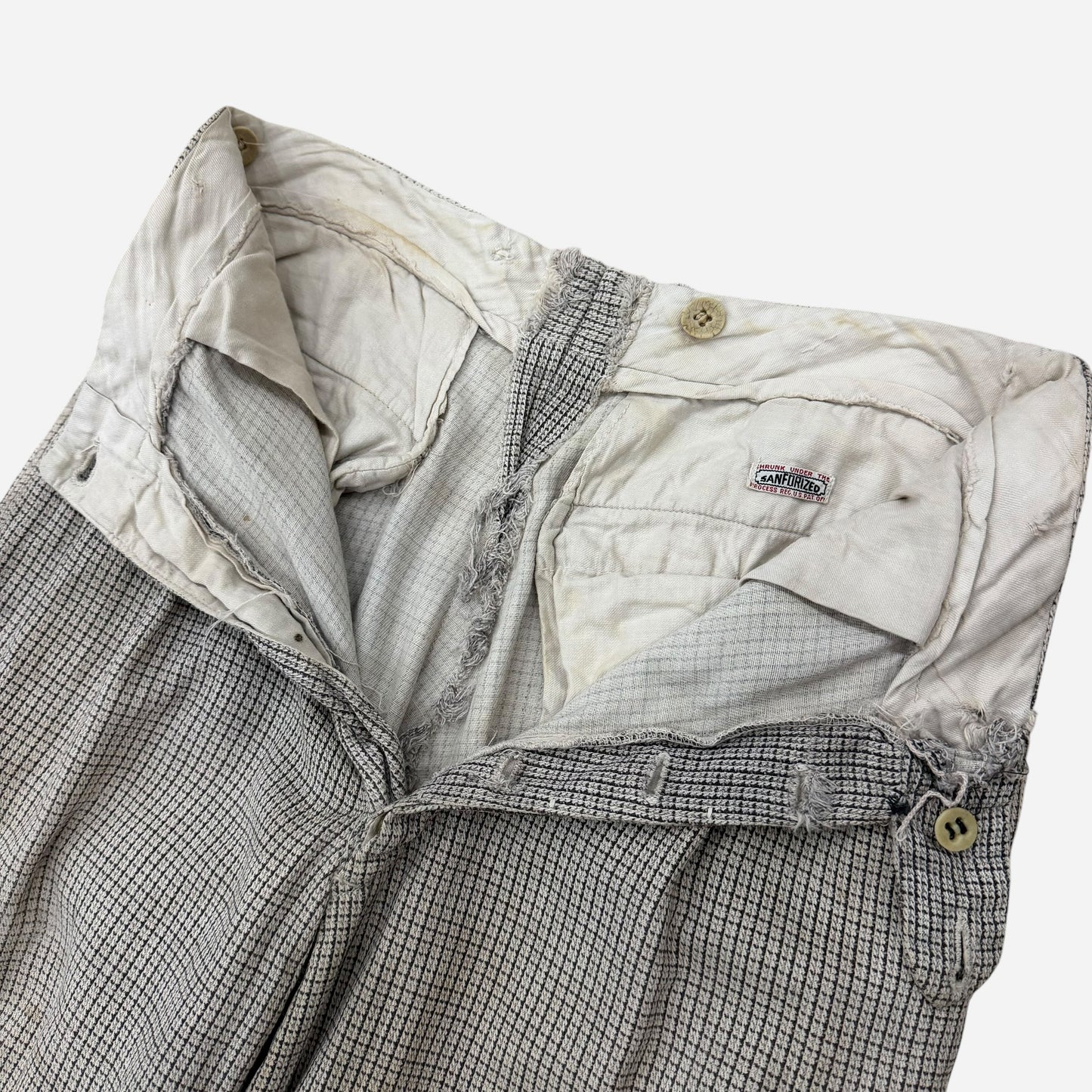 1930s Black and white cotton grid pattern side cinch button fly pants (28w)