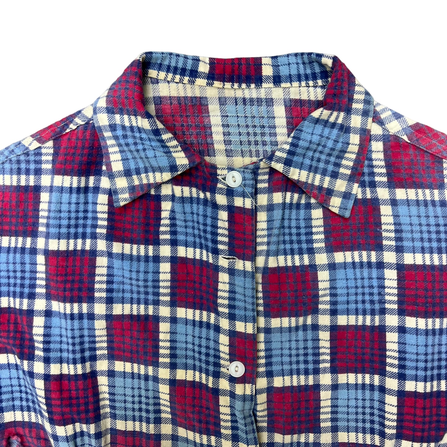 1940s Thrashed boxy cotton plaid printed flannel (L)