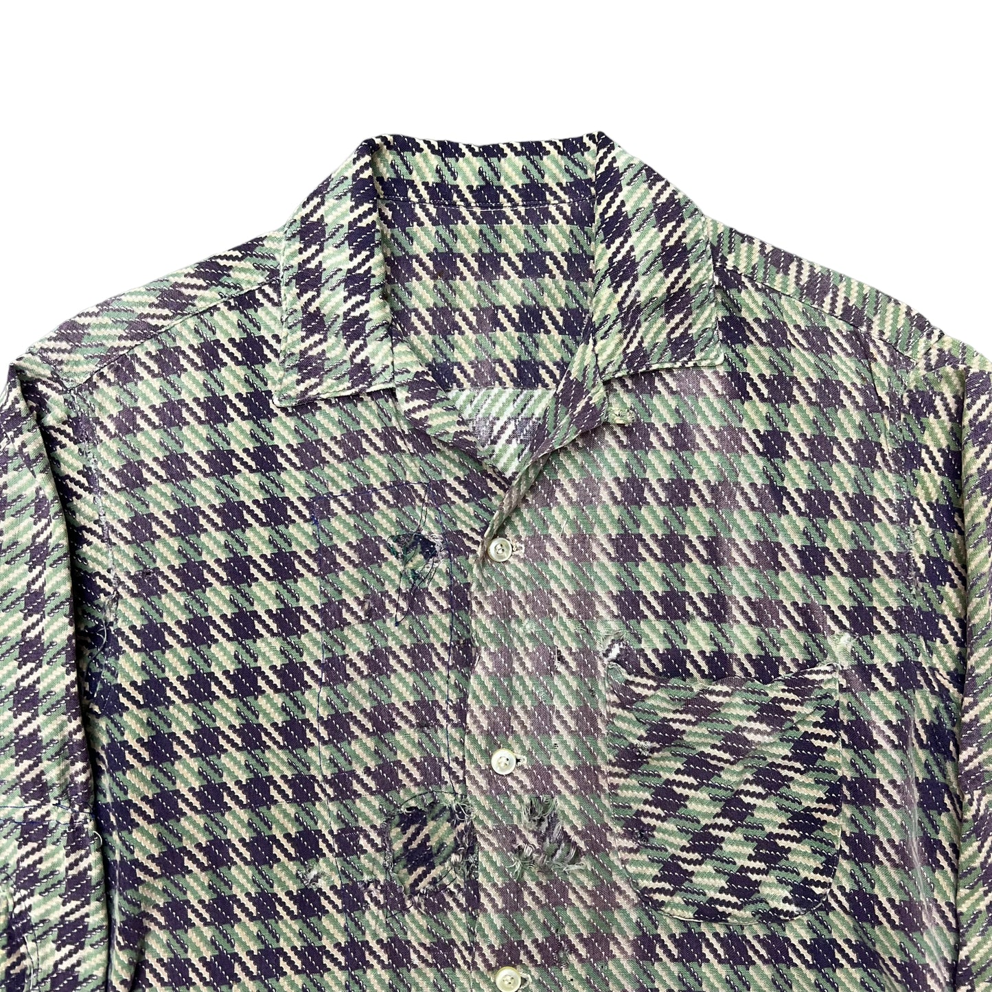 1950s Distressed green/purple houndstooth cotton shirt flannel (M)