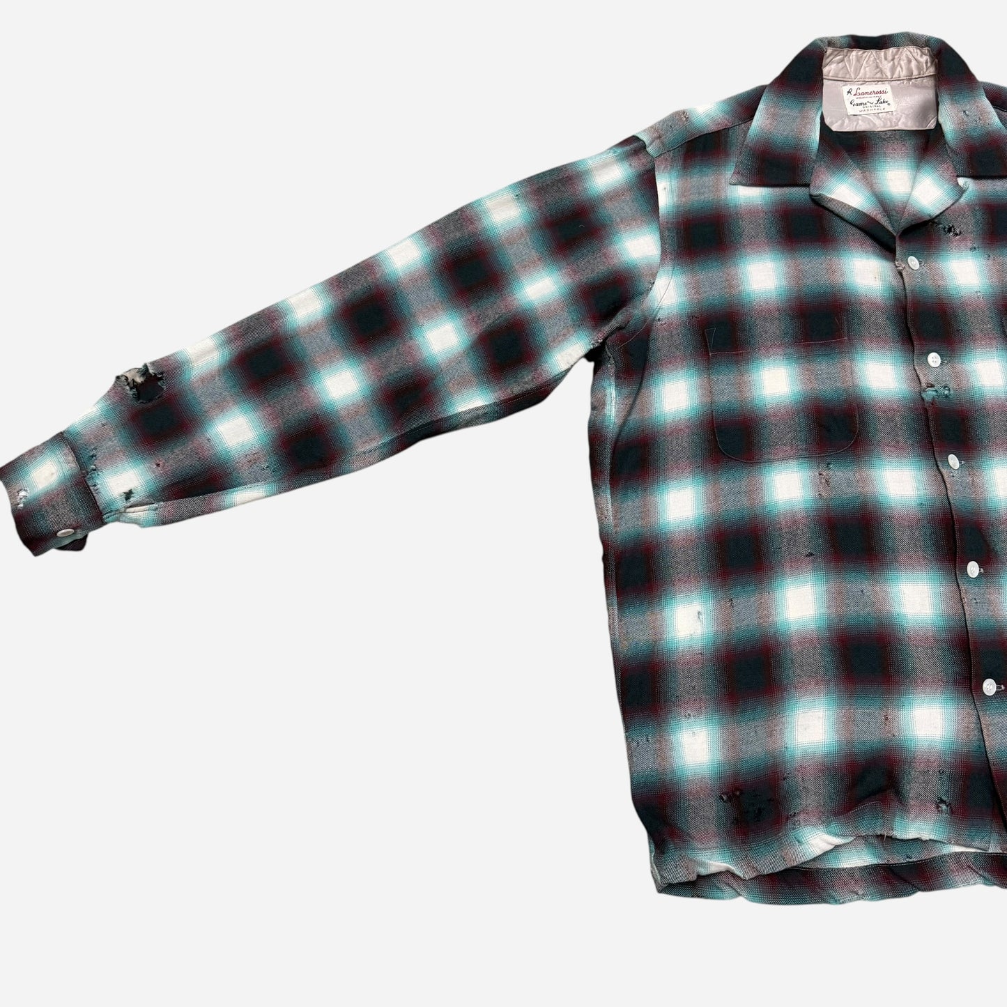 1950s Shadow plaid wool/rayon blend loop collar shirt (L/XL)