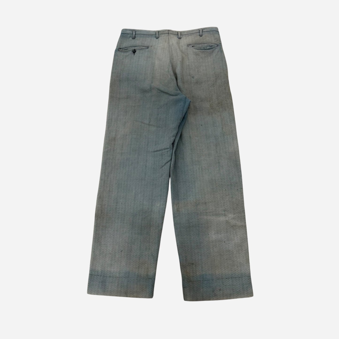 1930s Blue sun faded cotton pleated repaired work pants (31w)