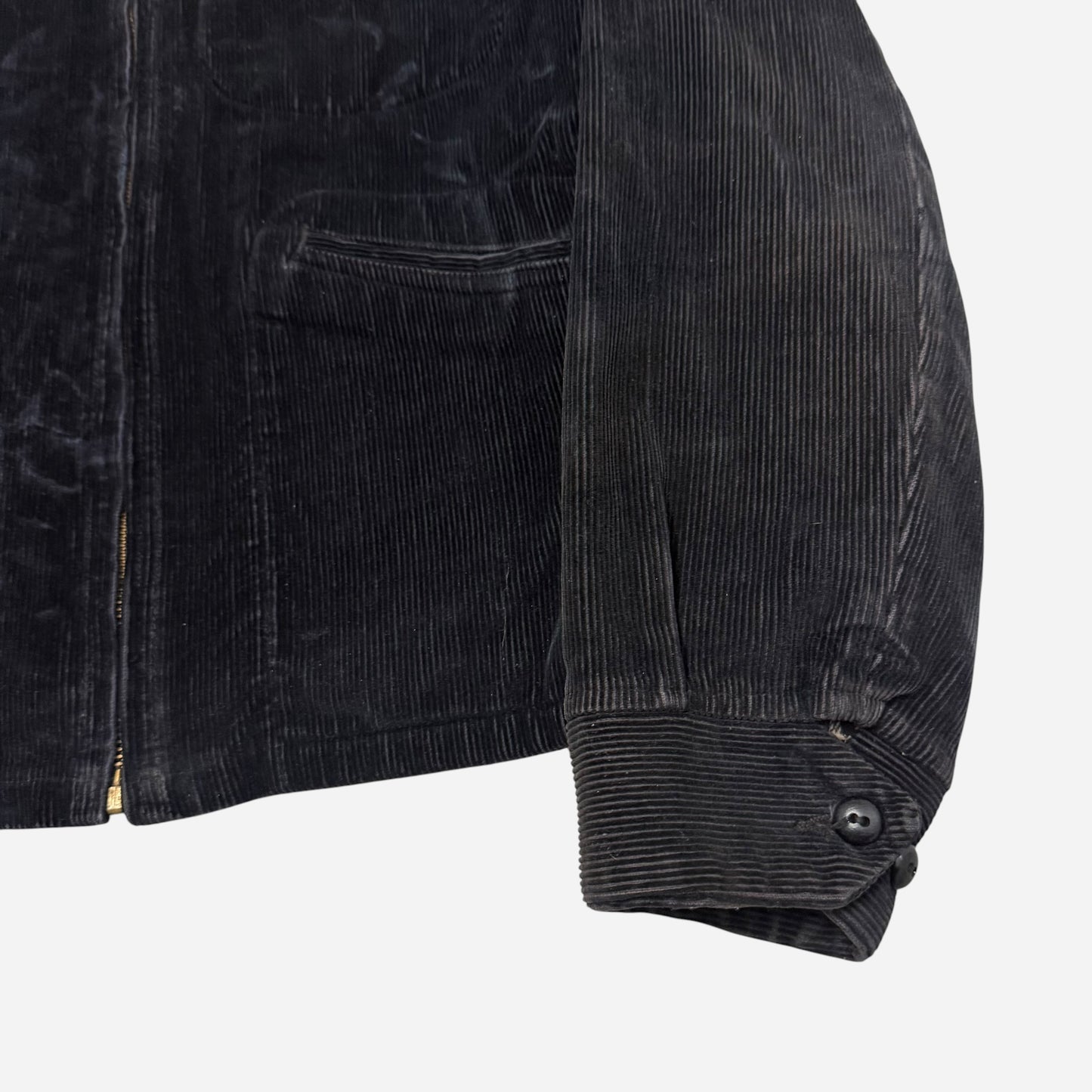 1950s Black corduroy chainstitch mechanic jacket cotton plaid liner (M/L)