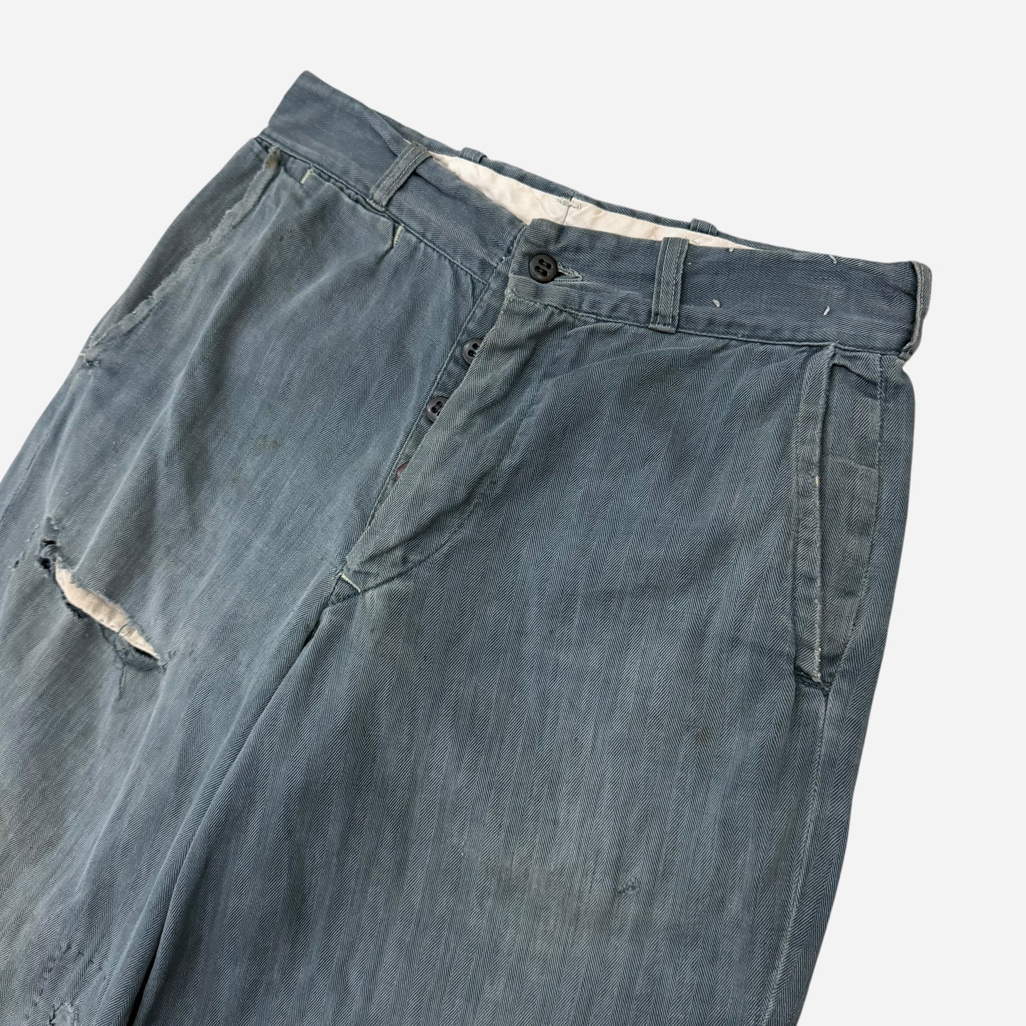 1950s Lee button fly cotton HBT green/blue repaired work pants (28w)