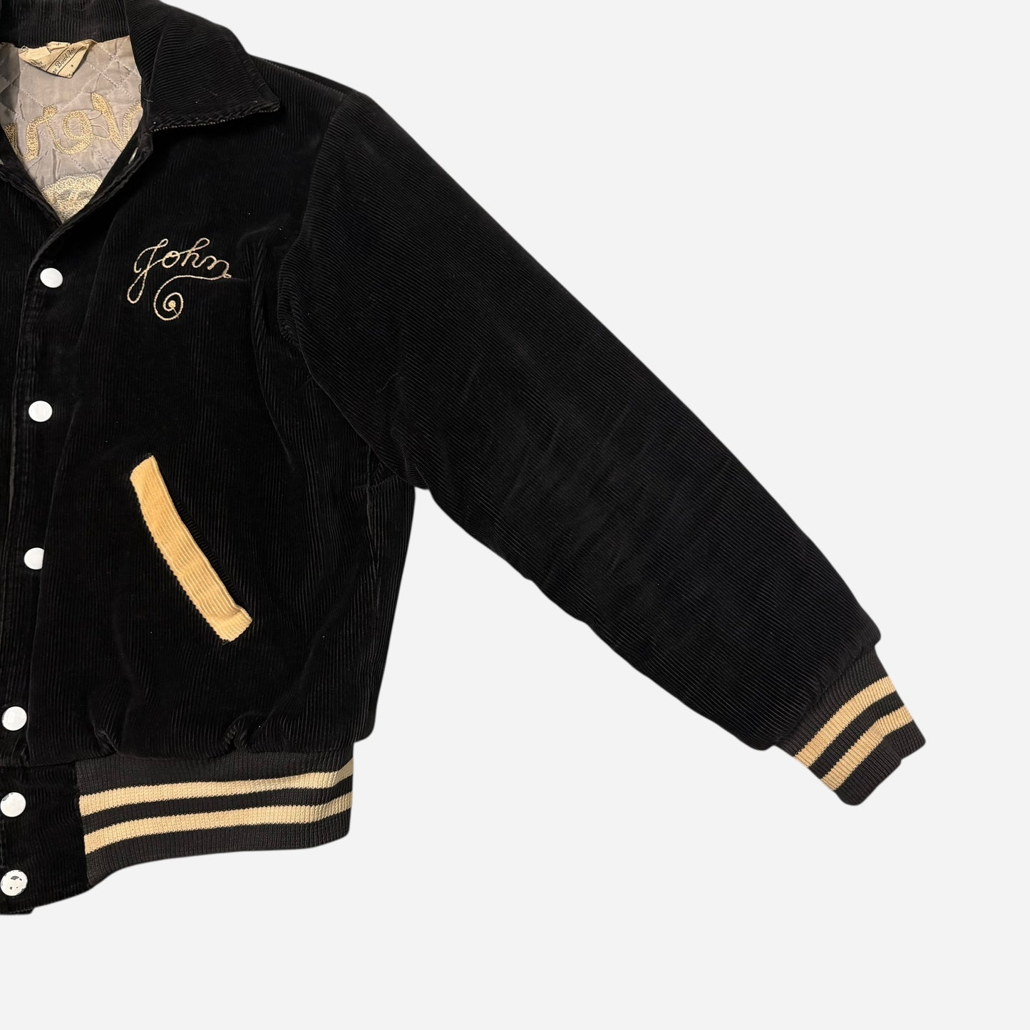 1960s Black corduroy chain stitched embroidered quilt lined jacket (M)