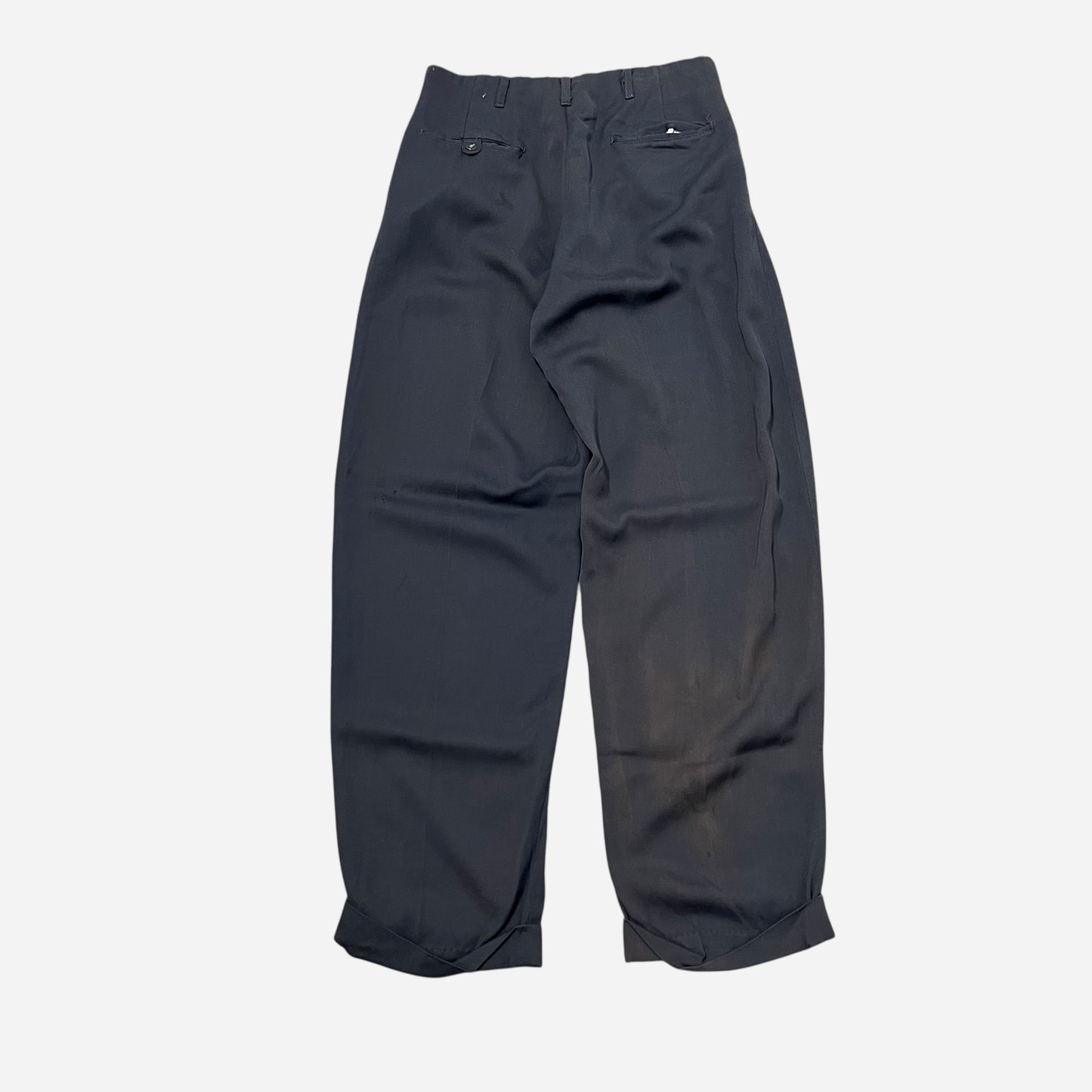 1950s Navy blue rayon pleated drop loop pants (28w)