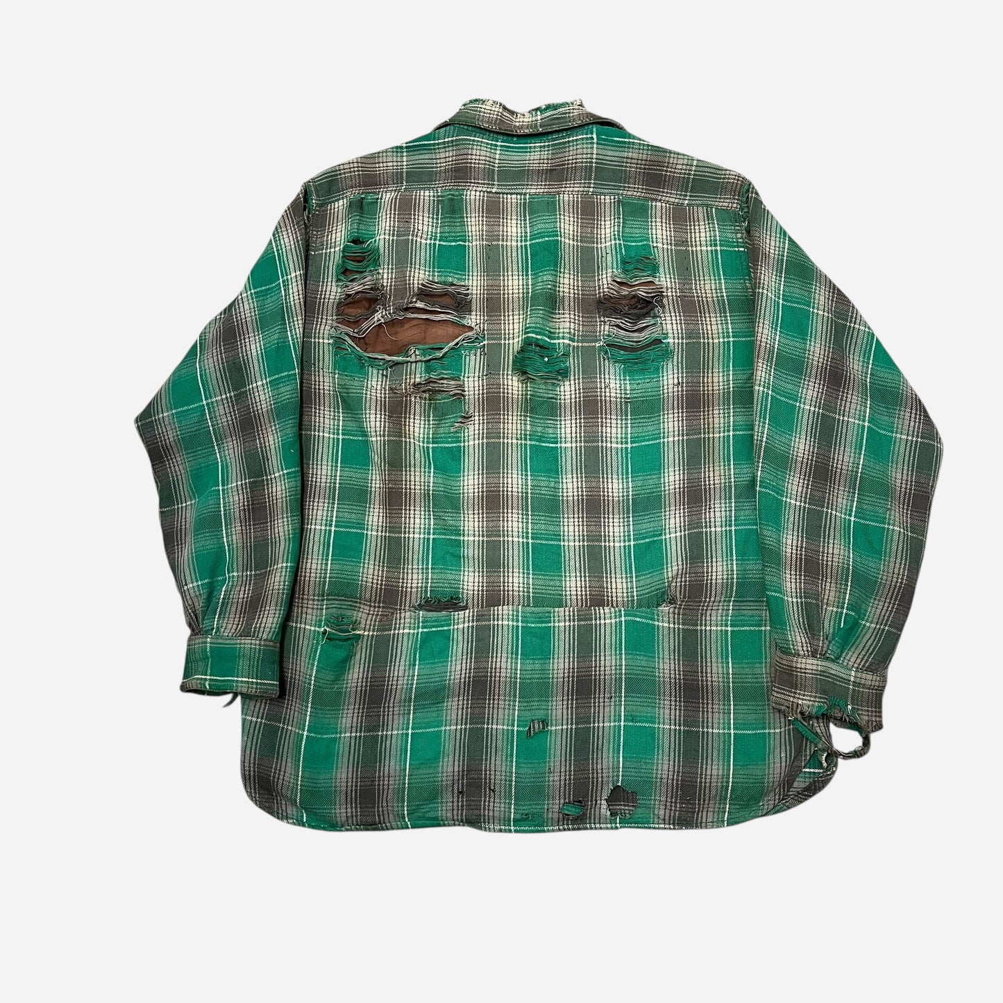 1950s Big Mac green plaid heavy woven cotton repaired flannel (L)