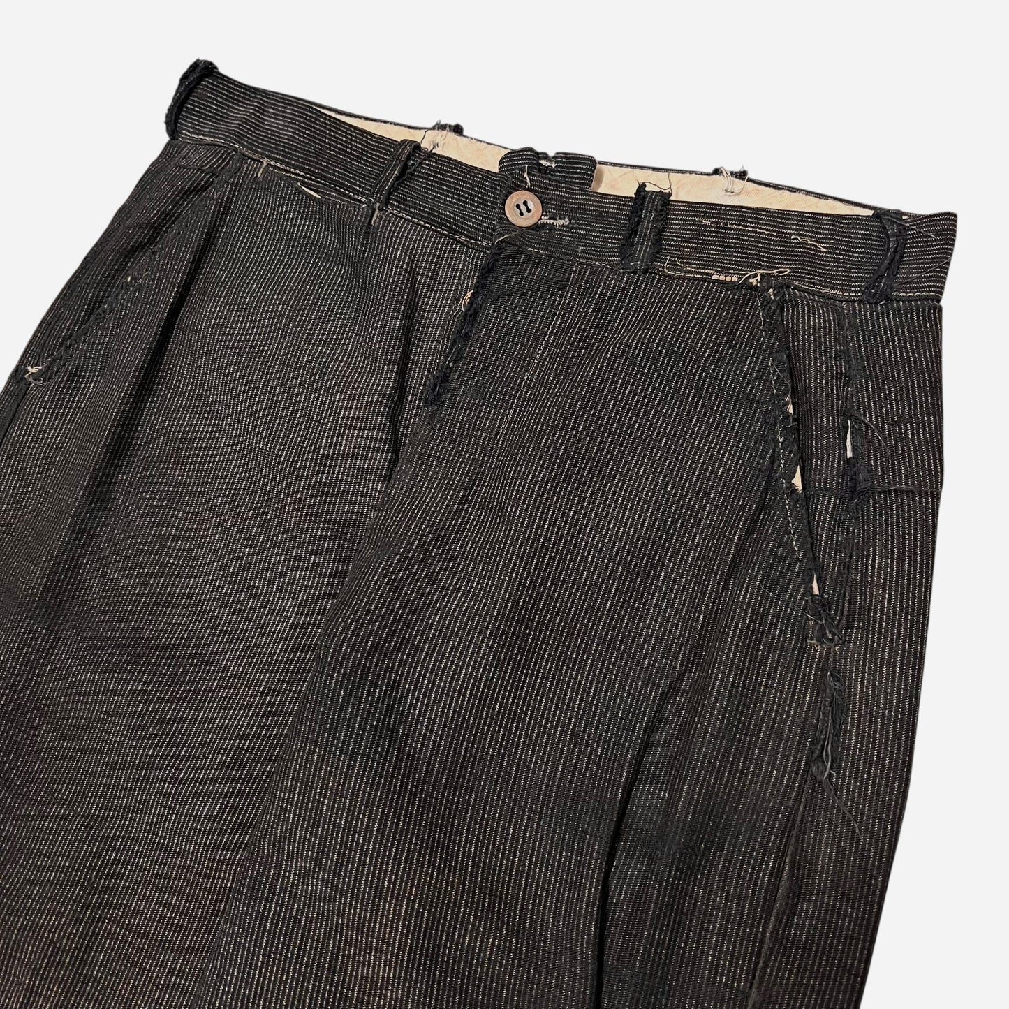 1930s Coltex striped cotton salt & pepper wood button fly repaired work pants (30w)