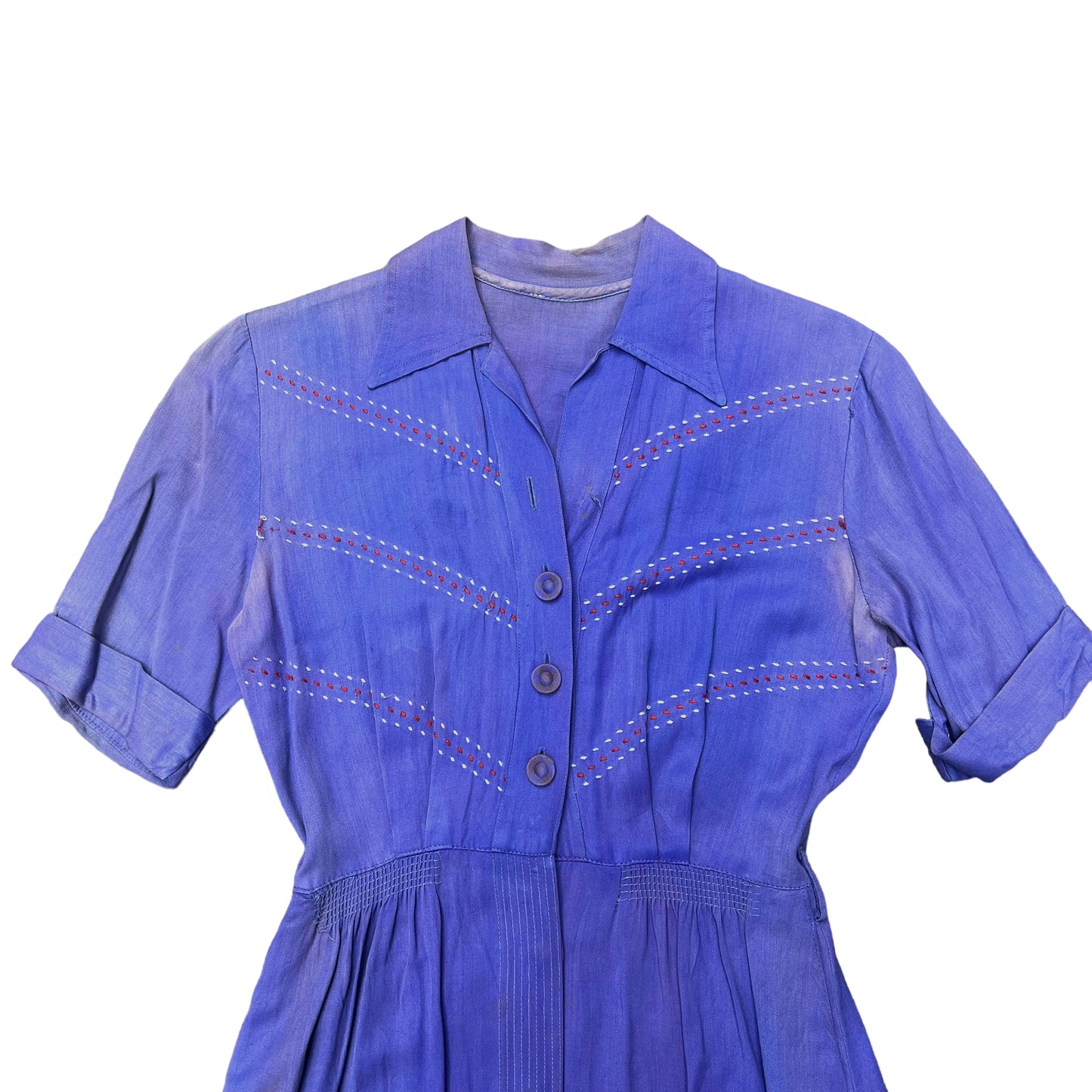 1940s Faded blue/purple gabardine farm dress (26w)