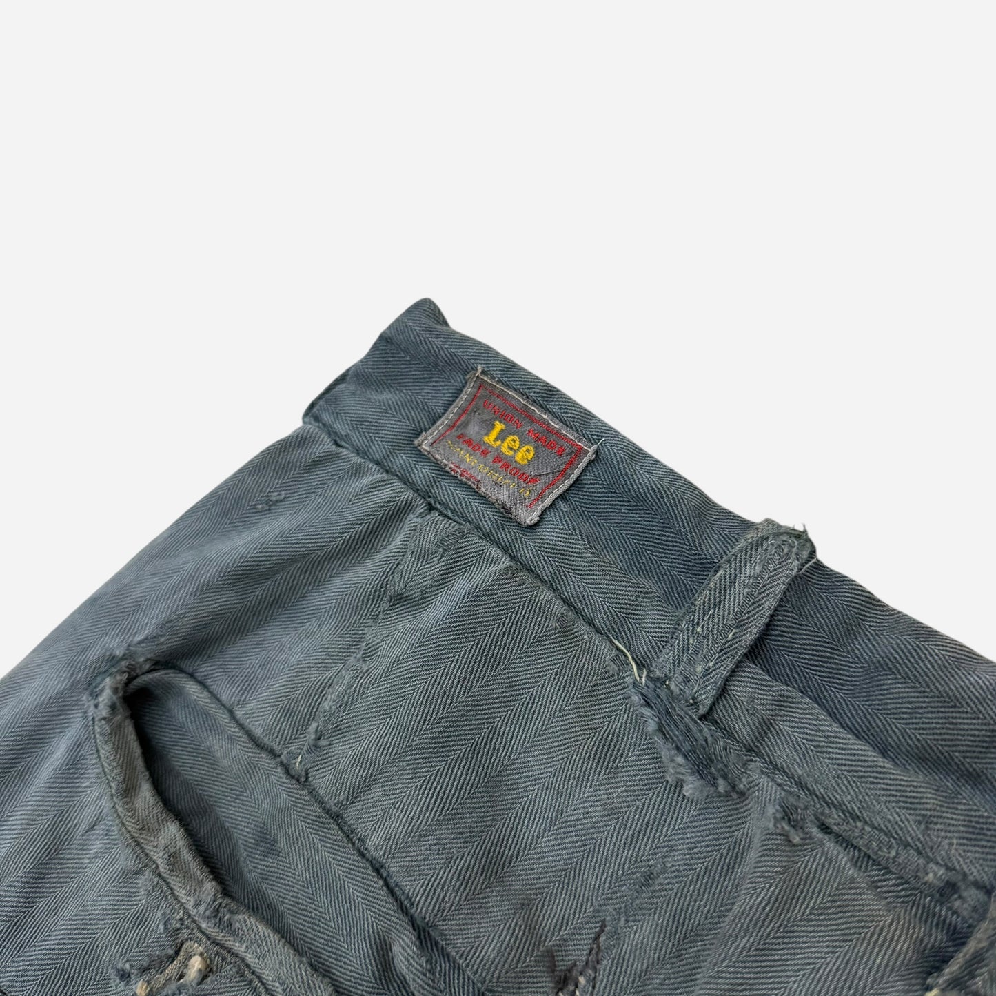 1950s Lee button fly cotton HBT green/blue repaired work pants (28w)