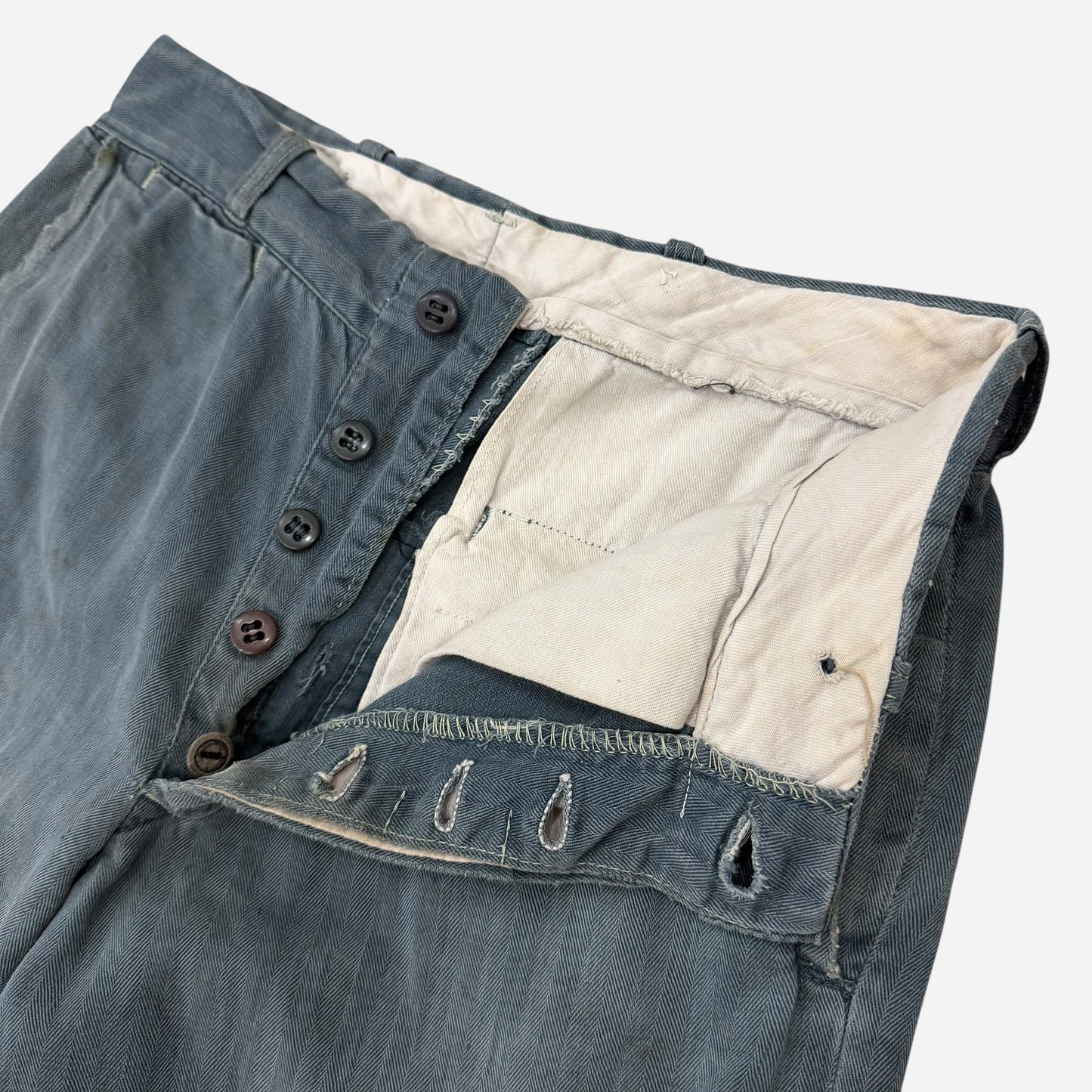 1950s Lee button fly cotton HBT green/blue repaired work pants (28w)