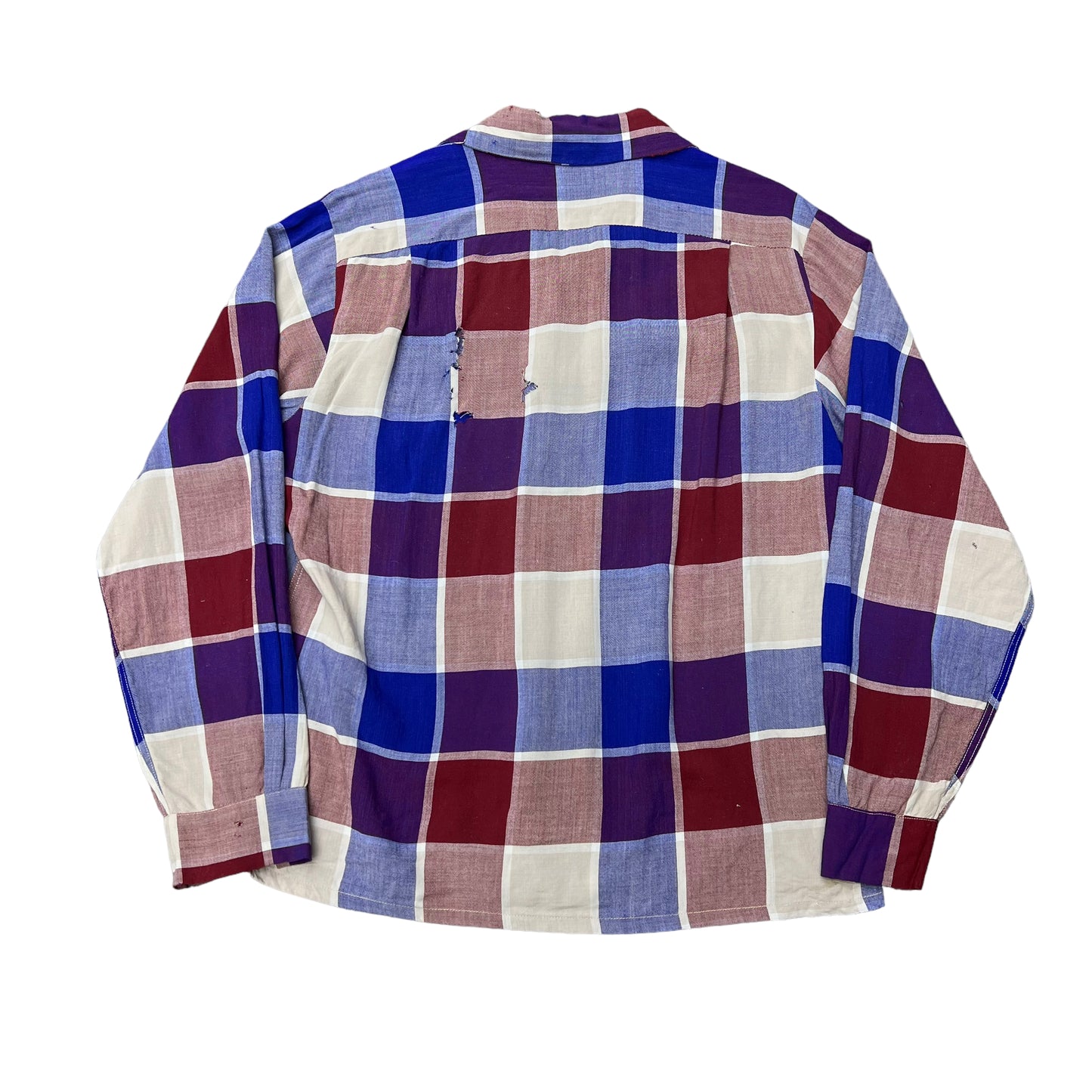 1940s Red & blue box plaid California Sportswear rayon loop collar shirt (M)