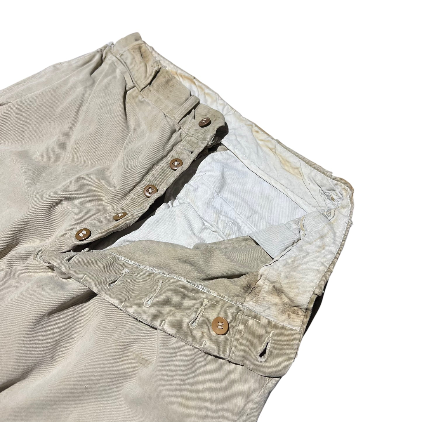 1950s Magnolia Mills cotton pleated button fly khaki chino work pants (30w)