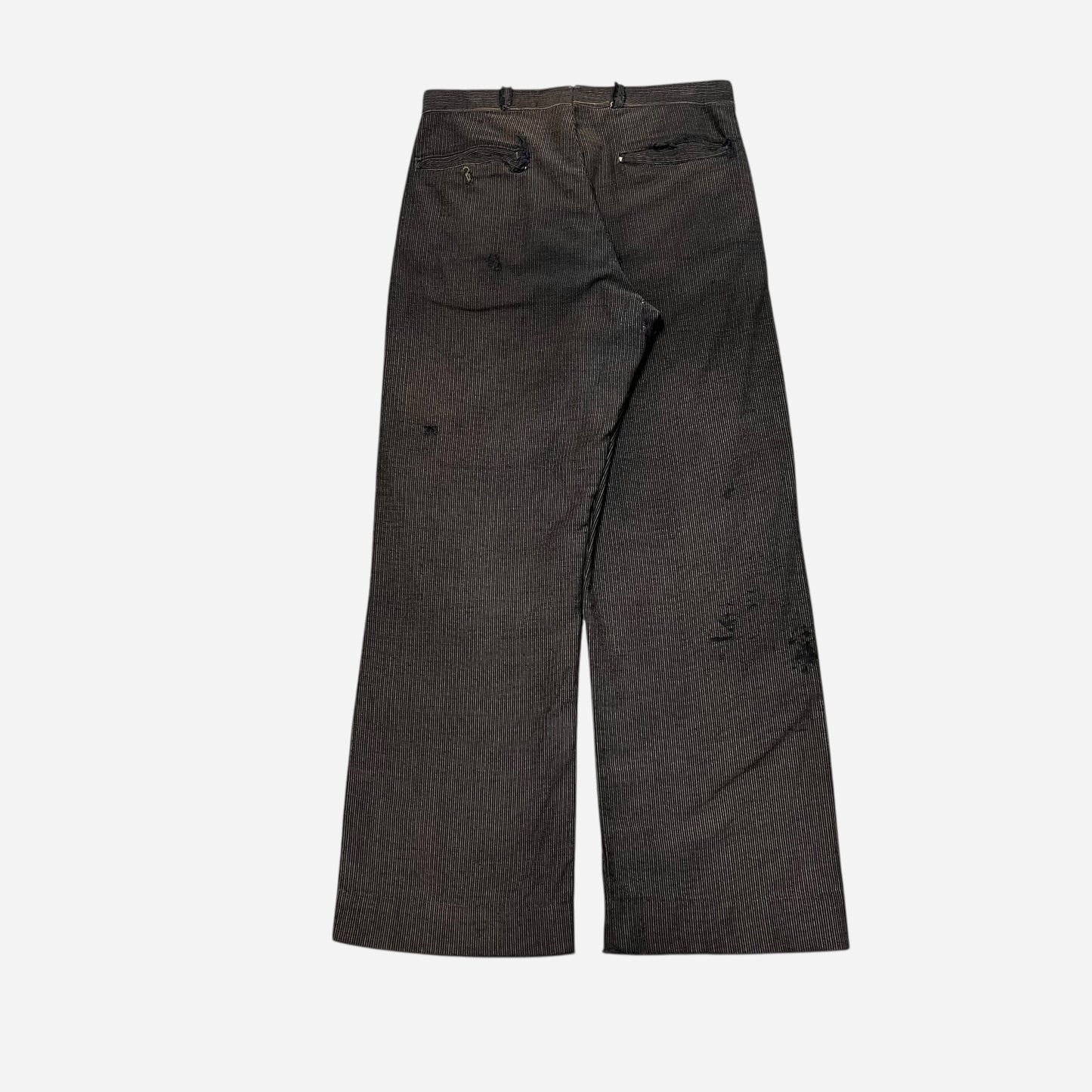 1930s Coltex striped cotton salt & pepper wood button fly repaired work pants (30w)