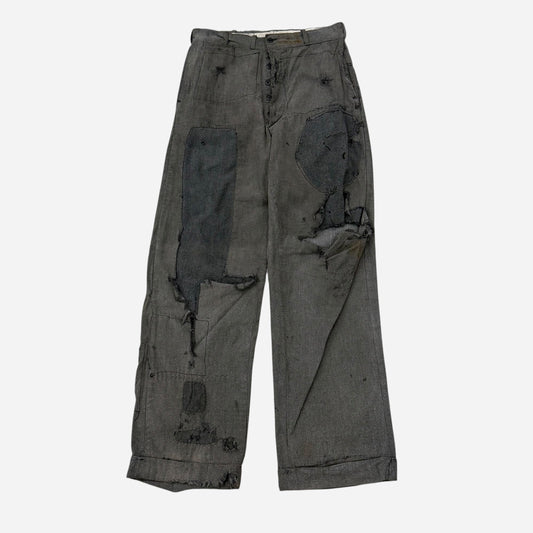 1940s Heavily repaired button fly salt & pepper cotton work pants (30w)