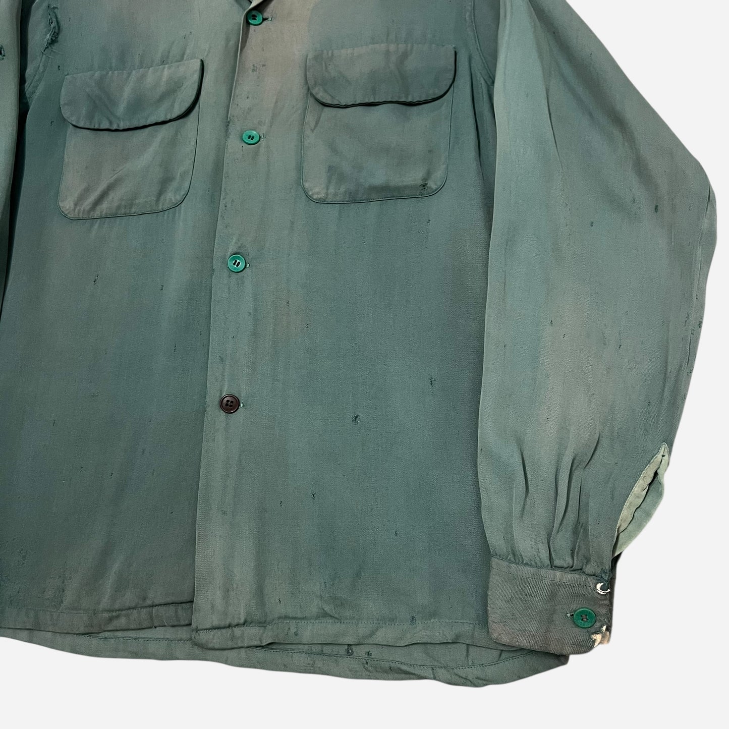 1950s Penneys Towncraft green rayon flap pocket loop collar shirt (M)