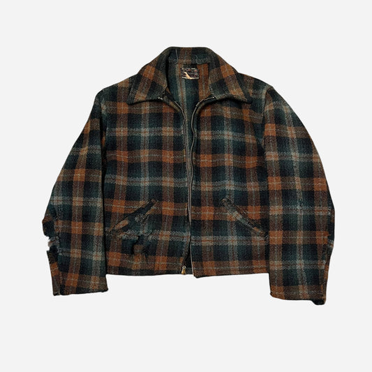 1940s “Stormpruf” orange & black shadow plaid wool belt back cropped jacket (M)