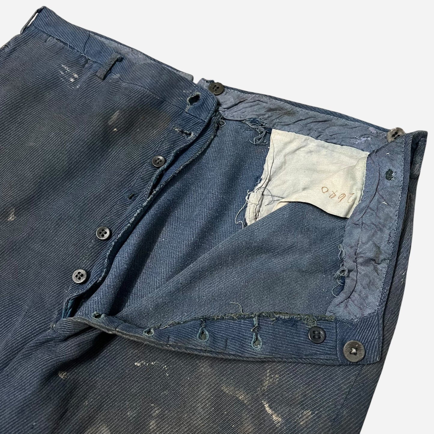 1940s Blue paint splatter cotton whipcord work pants (35w)