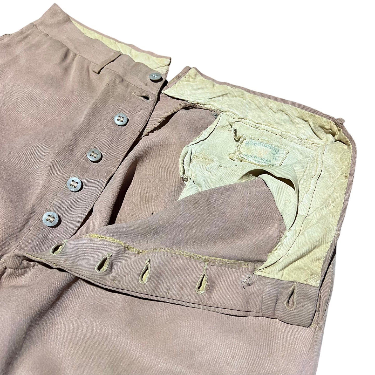 1940s Pink pleated button fly rayon pants (32w)