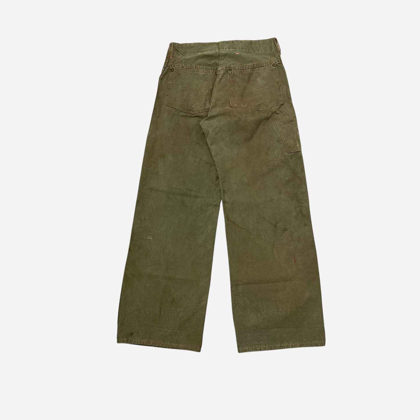 1940s “Ranch Man” green cotton donut button fly crotch rivet work pants (28w)