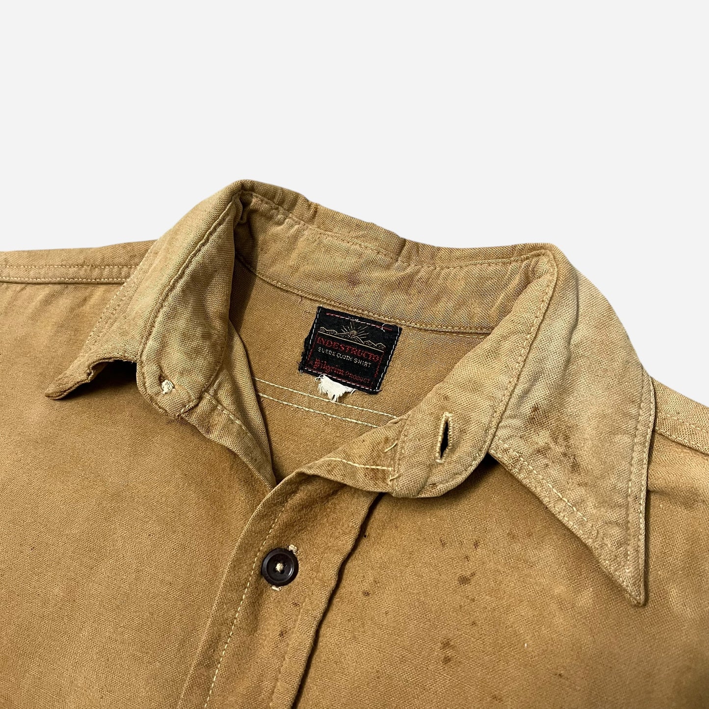 1940s Indestructo tan heavy cotton “suede cloth” work shirt (M/L)