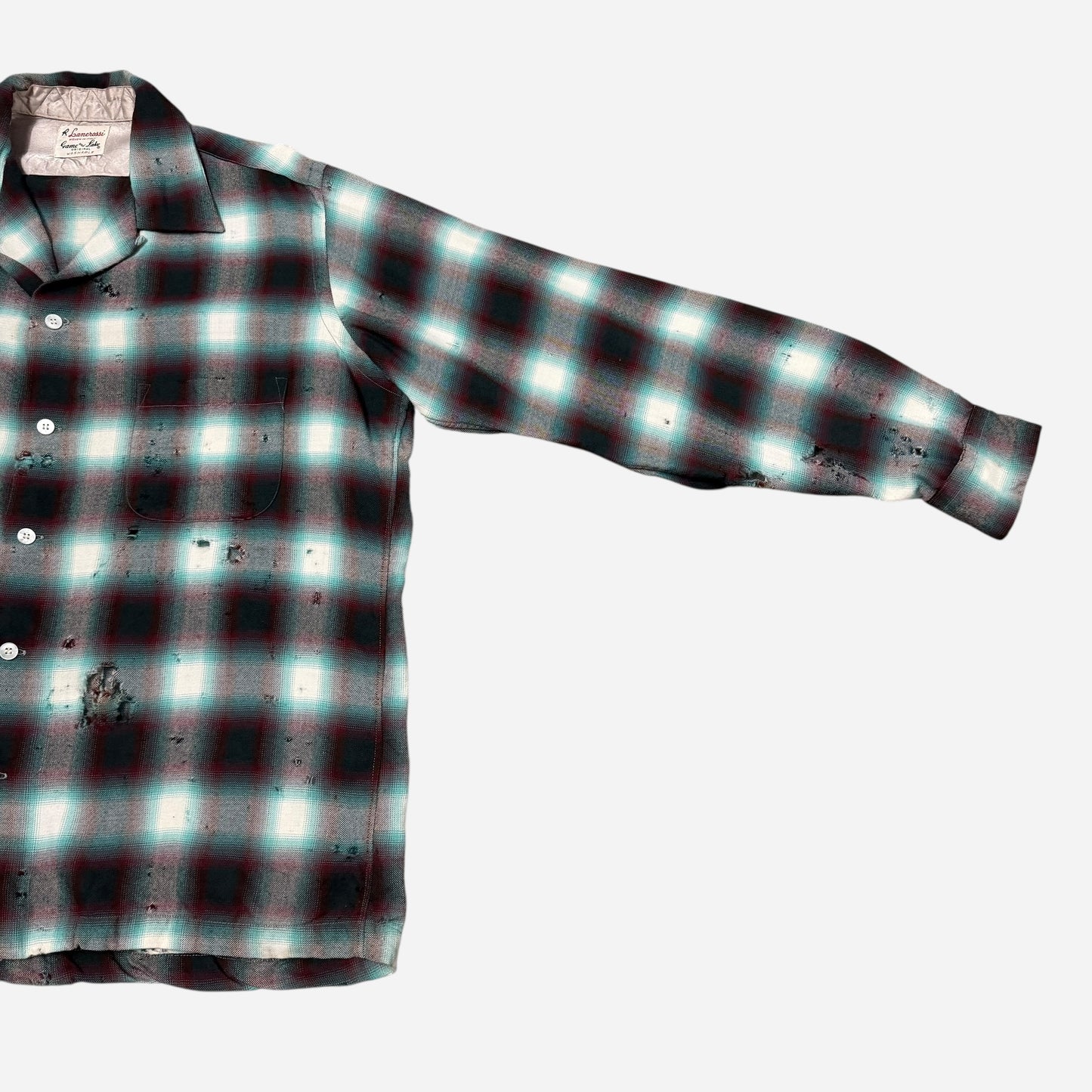 1950s Shadow plaid wool/rayon blend loop collar shirt (L/XL)