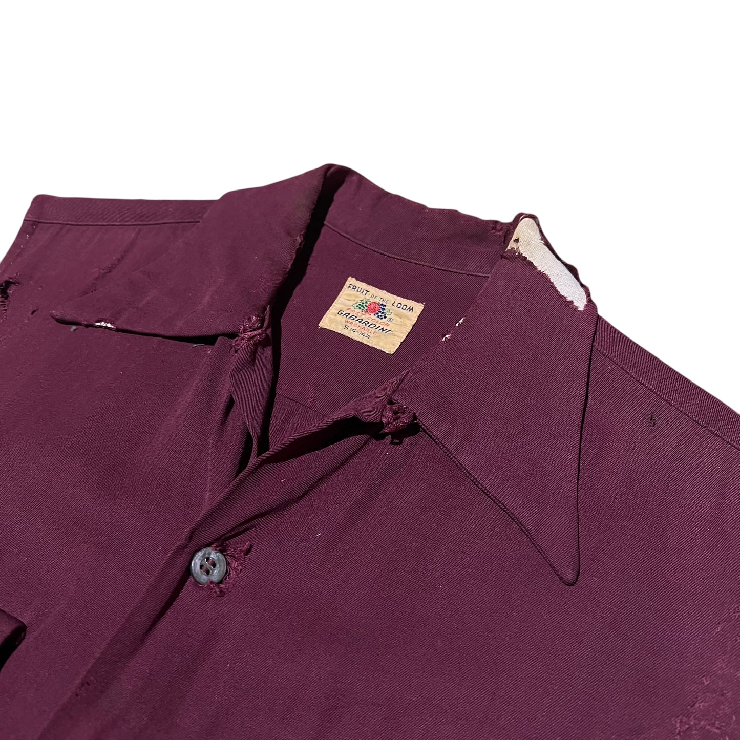 1950s Burgundy gabardine flap pocket cut off loop collar shirt (S)