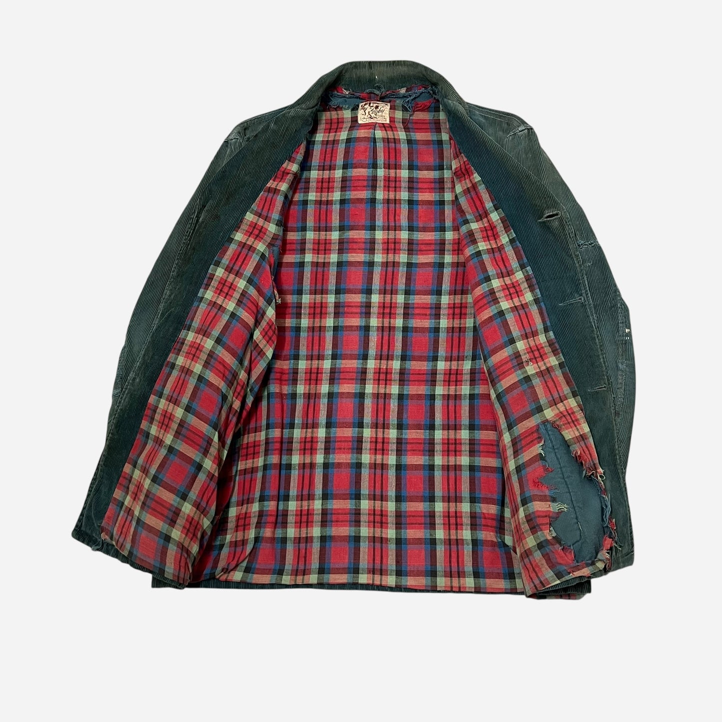 1940s “Rugby” green sun faded corduroy jacket cotton plaid lined (L)