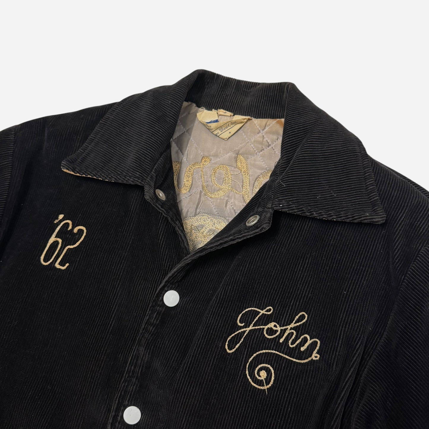 1960s Black corduroy chain stitched embroidered quilt lined jacket (M)