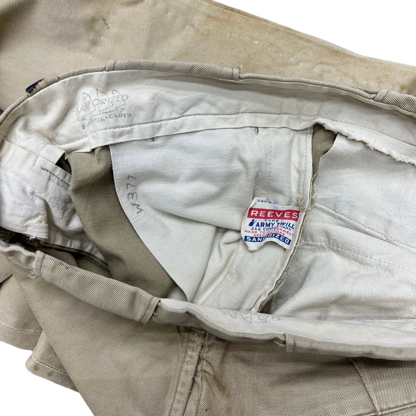 1950s Repaired khaki boat cloth army twill work pants Reeves (30w)