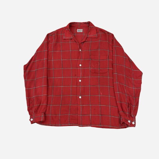 1950s Red rayon loop collar shirt (L)