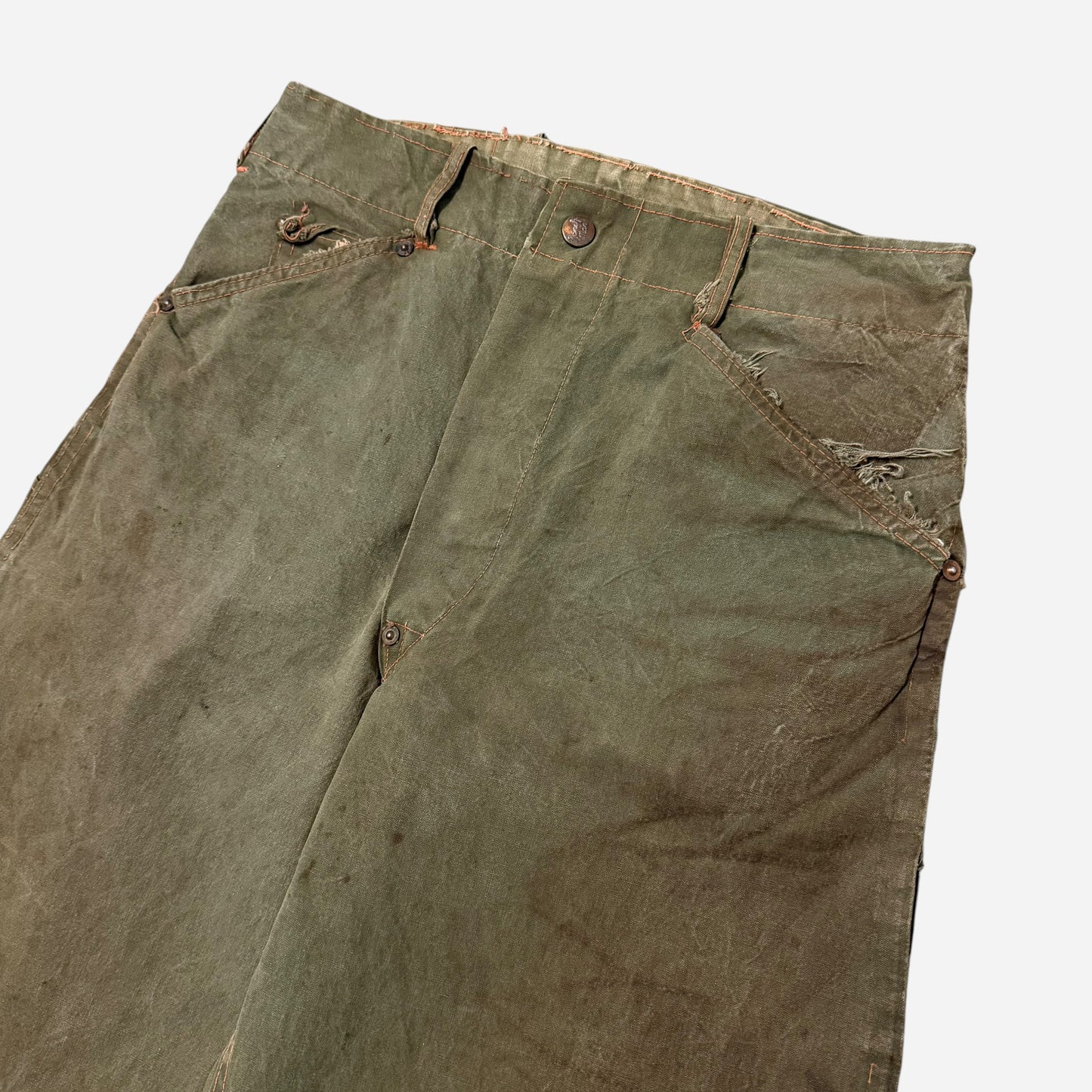 1940s “Ranch Man” green cotton donut button fly crotch rivet work pants (28w)