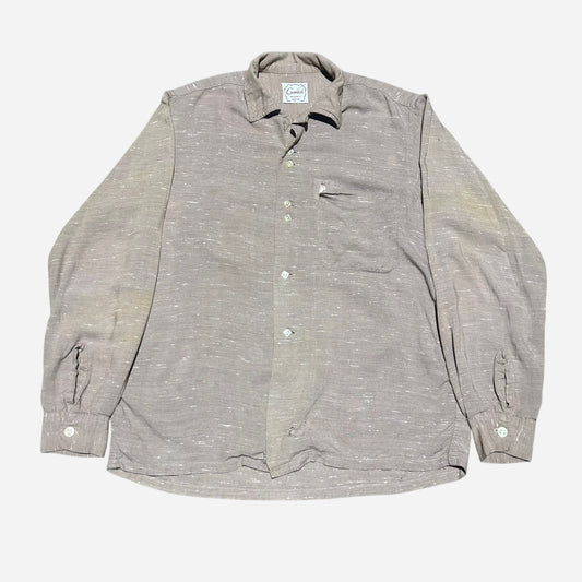 1950s Light brown rayon fleck pattern loop collar shirt