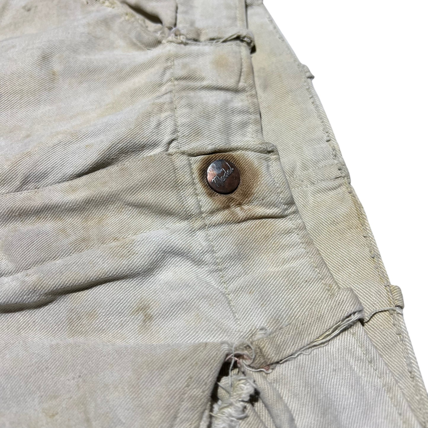 1940s Model distressed white denim donut button fly jeans (28w)