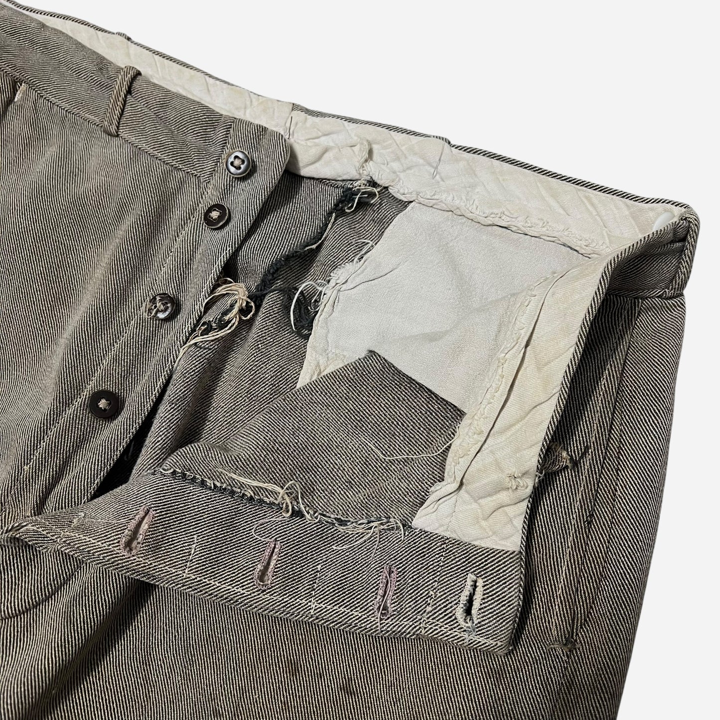 1940s Brown whipcord salt & pepper cotton button fly repaired work pants (36w)