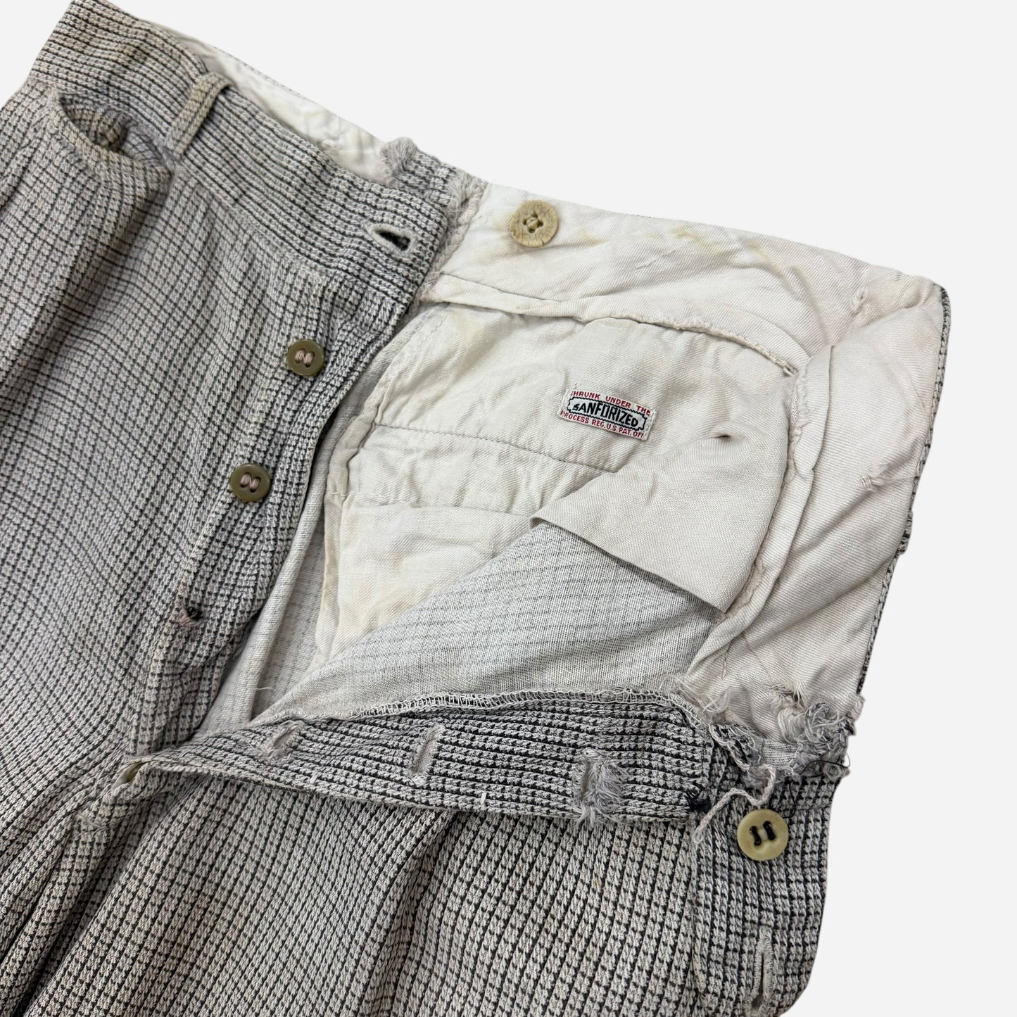 1930s Black and white cotton grid pattern side cinch button fly pants (28w)