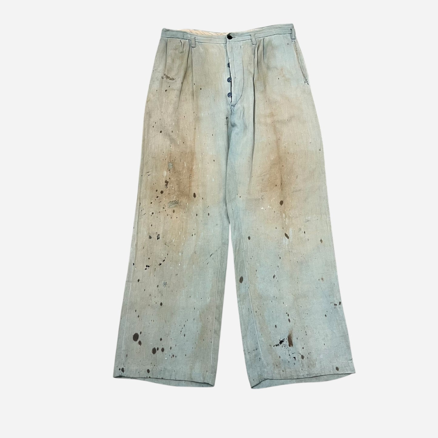 1940s Light cotton paint splatter blue button fly pants (30w)