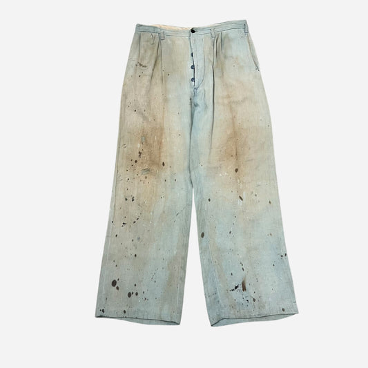 1940s Light cotton paint splatter blue button fly pants (30w)