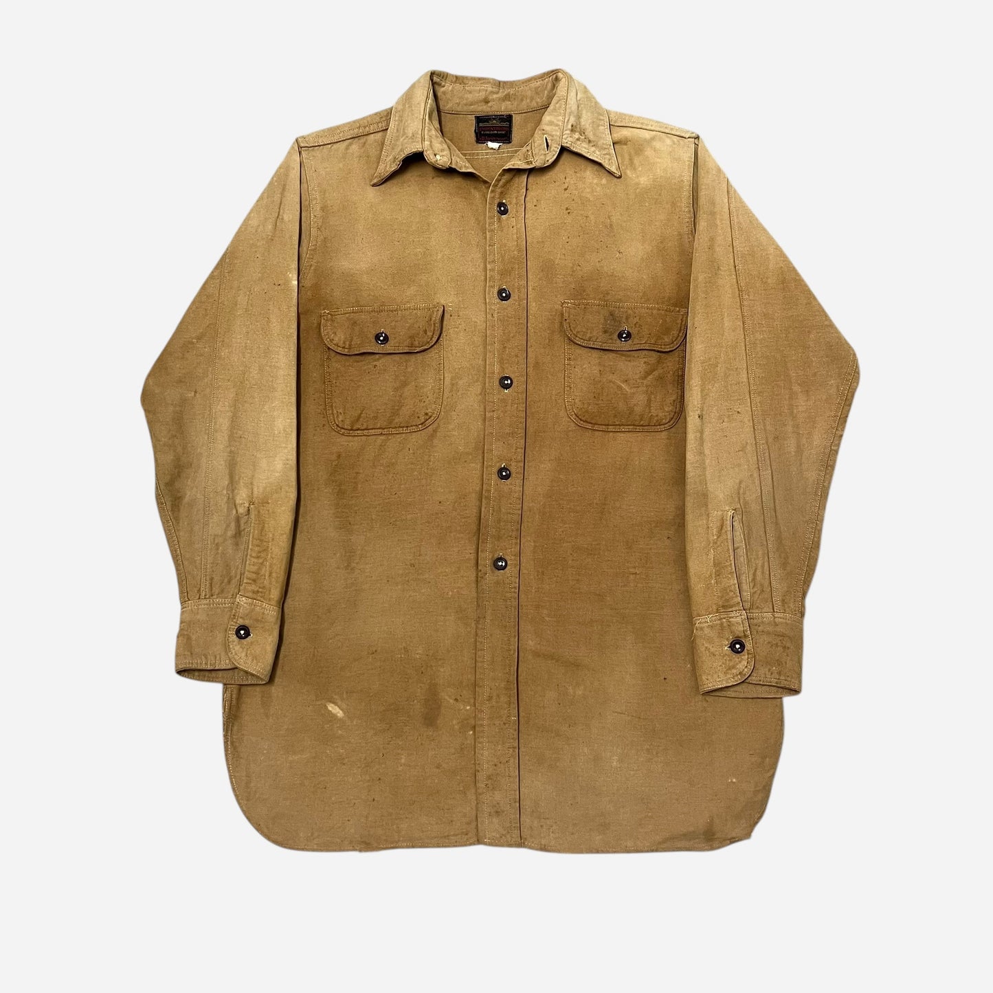 1940s Indestructo tan heavy cotton “suede cloth” work shirt (M/L)