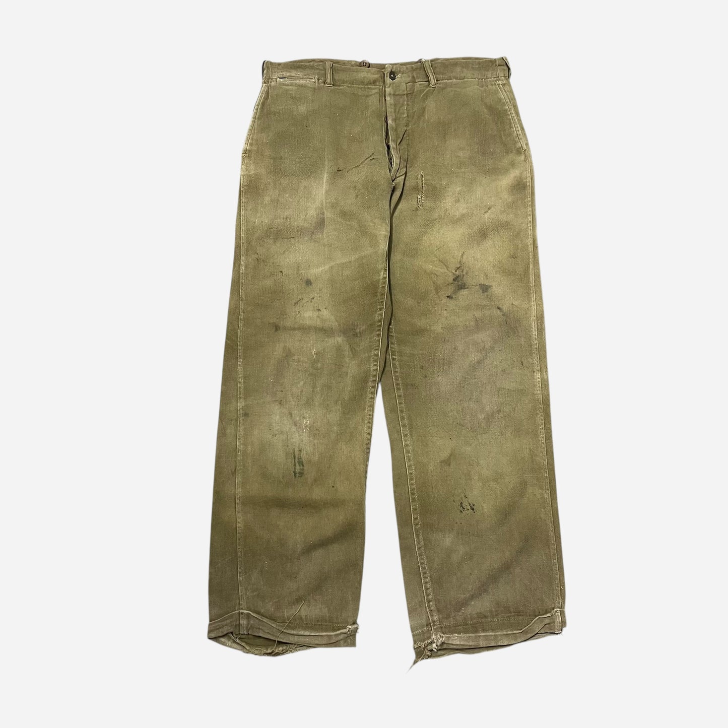 1930s Olive green light cotton match strike button fly pants (33w)
