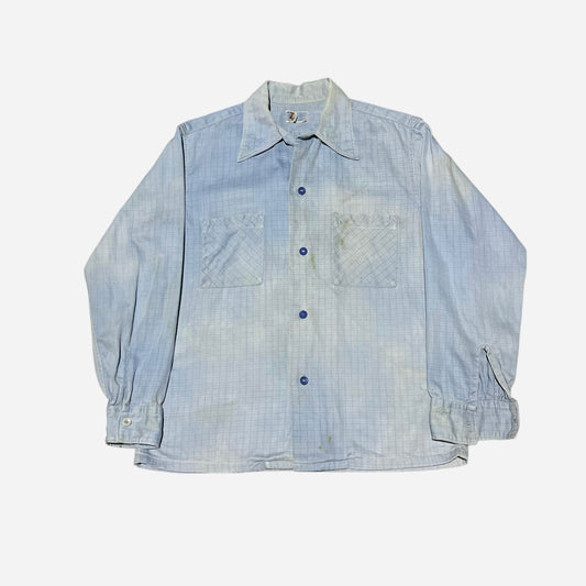 1950s Blue plaid cotton open collar shirt (M/L)