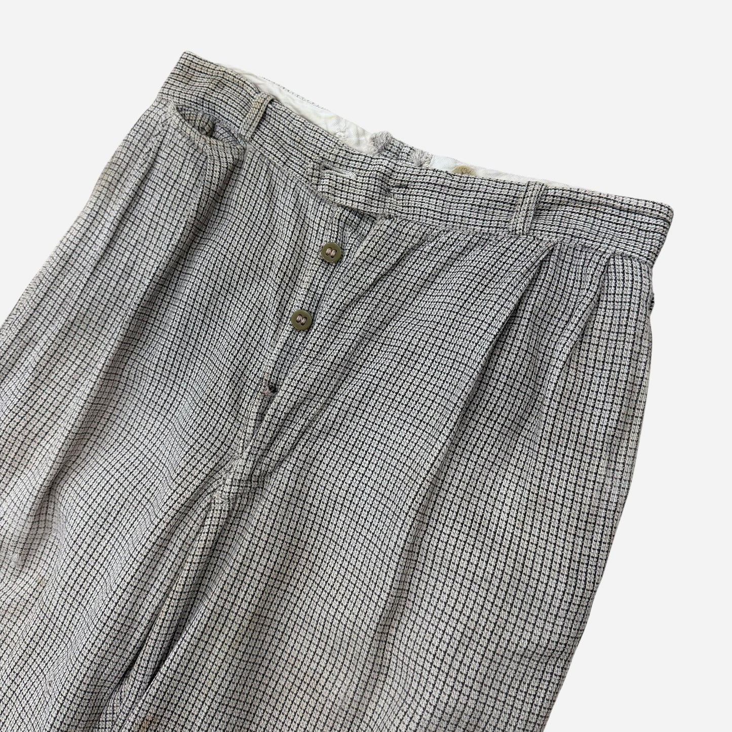 1930s Black and white cotton grid pattern side cinch button fly pants (28w)