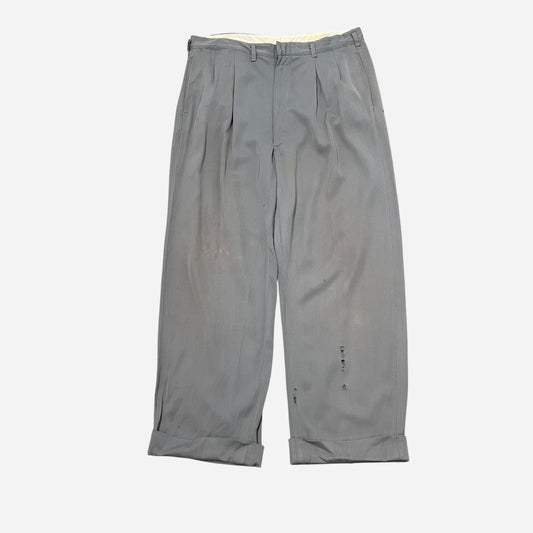 1950s Gray/light blue rayon pleated drop loop pants (32w)