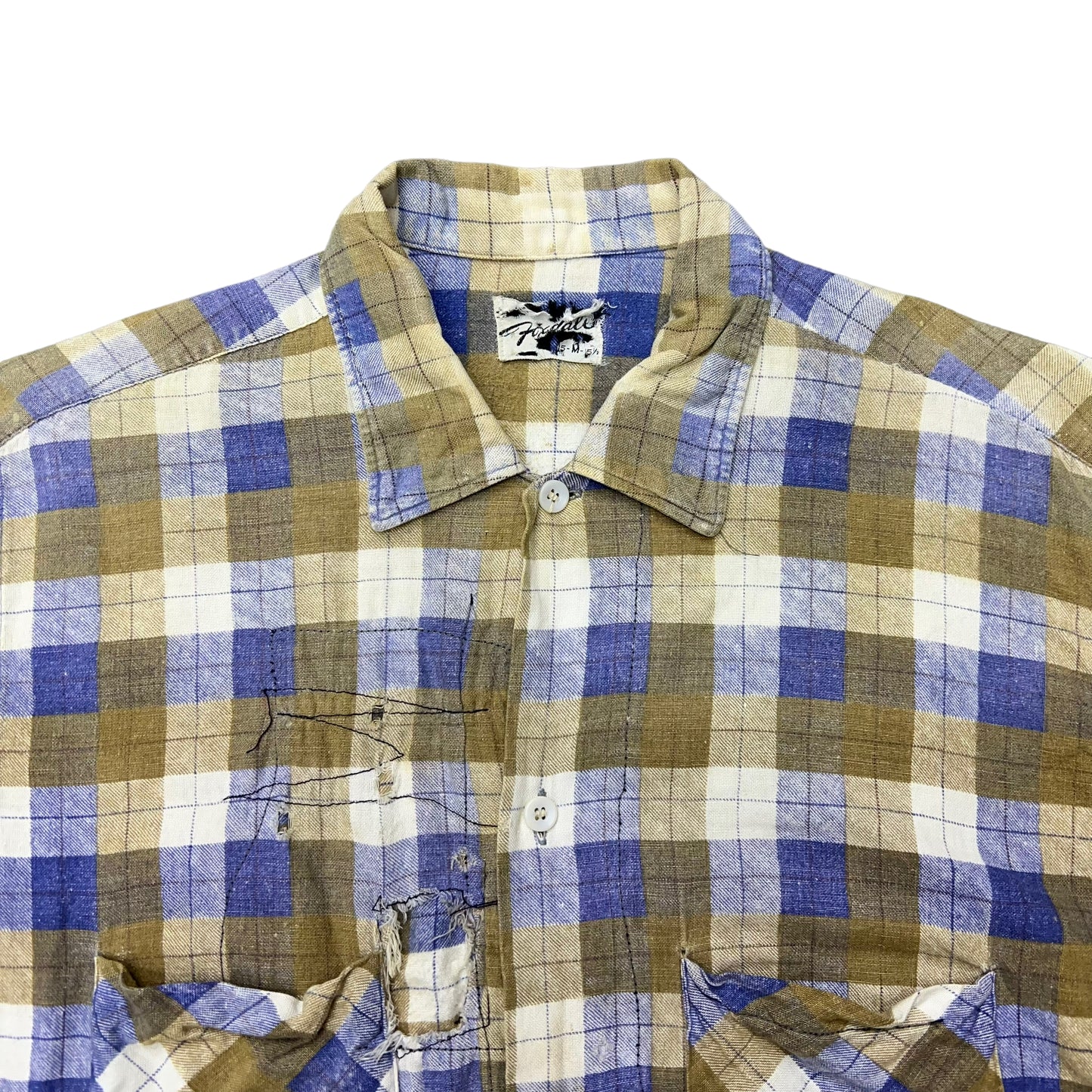 1950s Foxdale repaired cotton plaid shirt flannel (M)