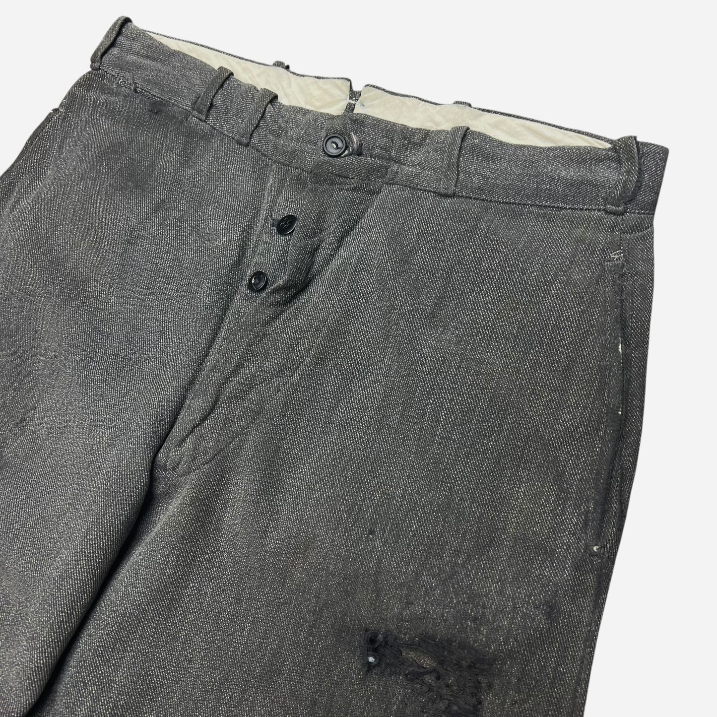 1940s Salt and pepper cotton repaired button fly work pants (31w)