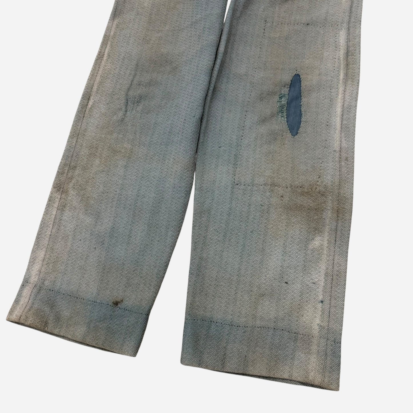 1930s Blue sun faded cotton pleated repaired work pants (31w)