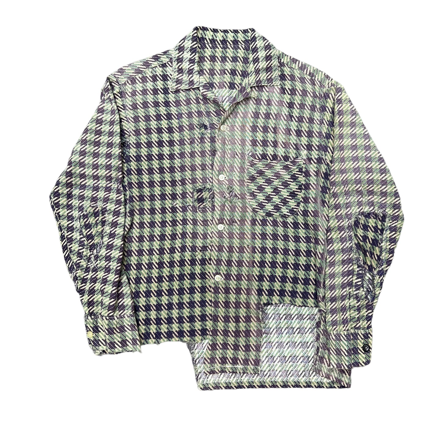 1950s Distressed green/purple houndstooth cotton shirt flannel (M)